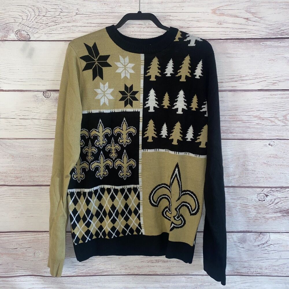 NFL Team Apparel New Orleans Saints Mens L Ugly Christmas Sweater Black Gold